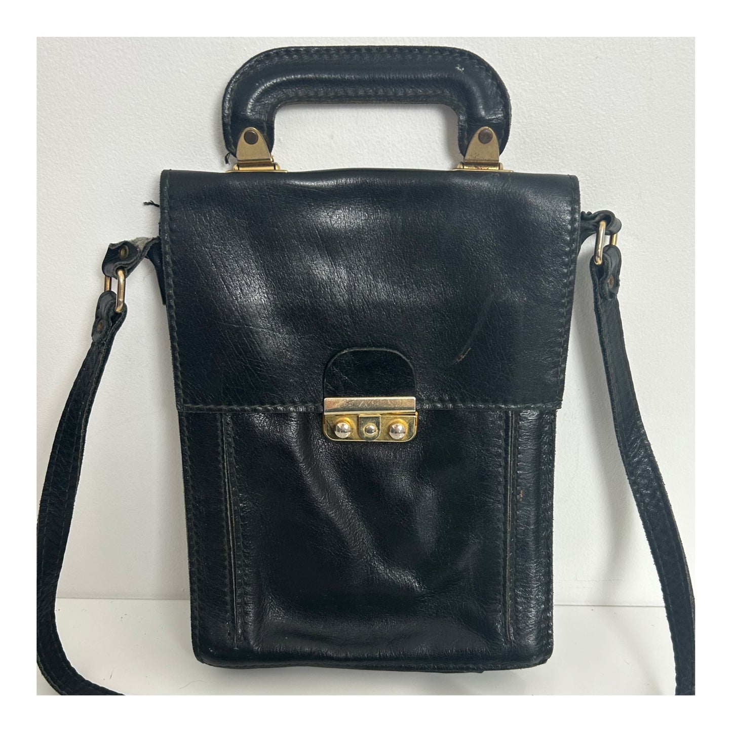 Vintage 1970s Black Leather Satchel Style Shoulder Bag