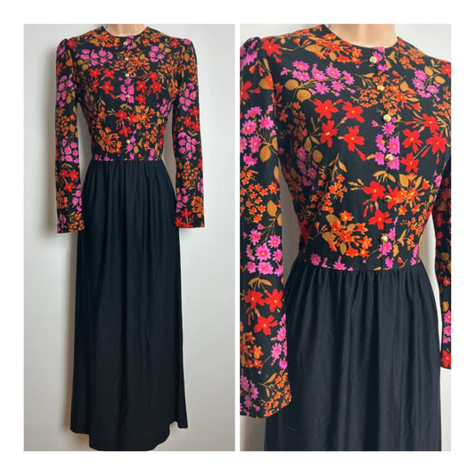 Vintage 1970’s Size 10-12 Black Orange & Pink Floral Print Long Sleeve Maxi Dress