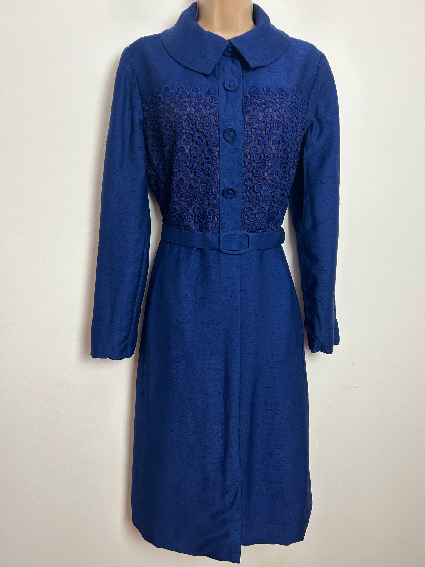 Vintage Late 1940s ELKA COUTURE UK Size 12-14 Royal Blue Guipure Lace Bodice Belted Long Sleeve Coat Style Dress