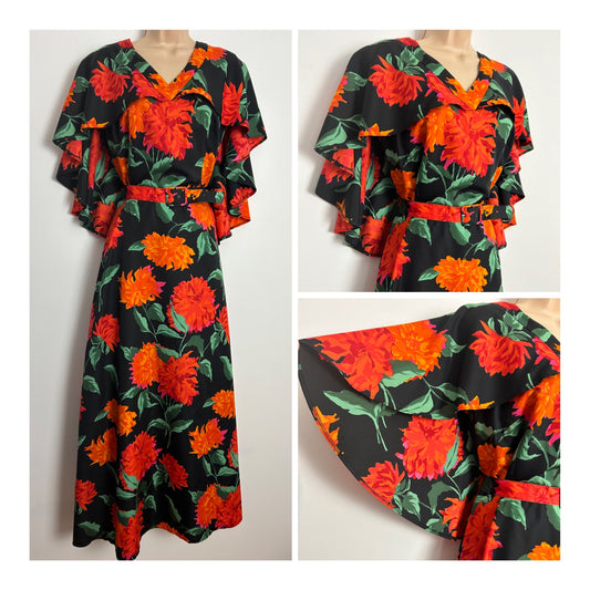 Vintage 1970s INTERCHIC UK Size 14-16 Gorgeous Black Orange & Green Floral Print Cape Sleeve Belted Maxi Dress