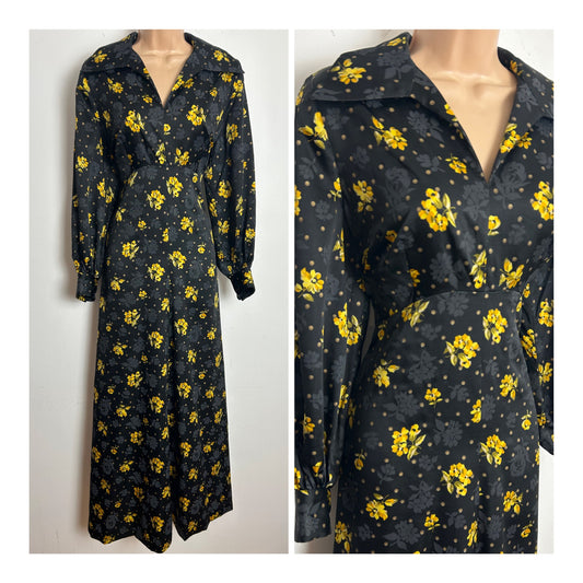 Vintage 1970s Size 12 Black & Yellow Tones Floral Print Dagger Collar Long Sleeve Maxi Dress