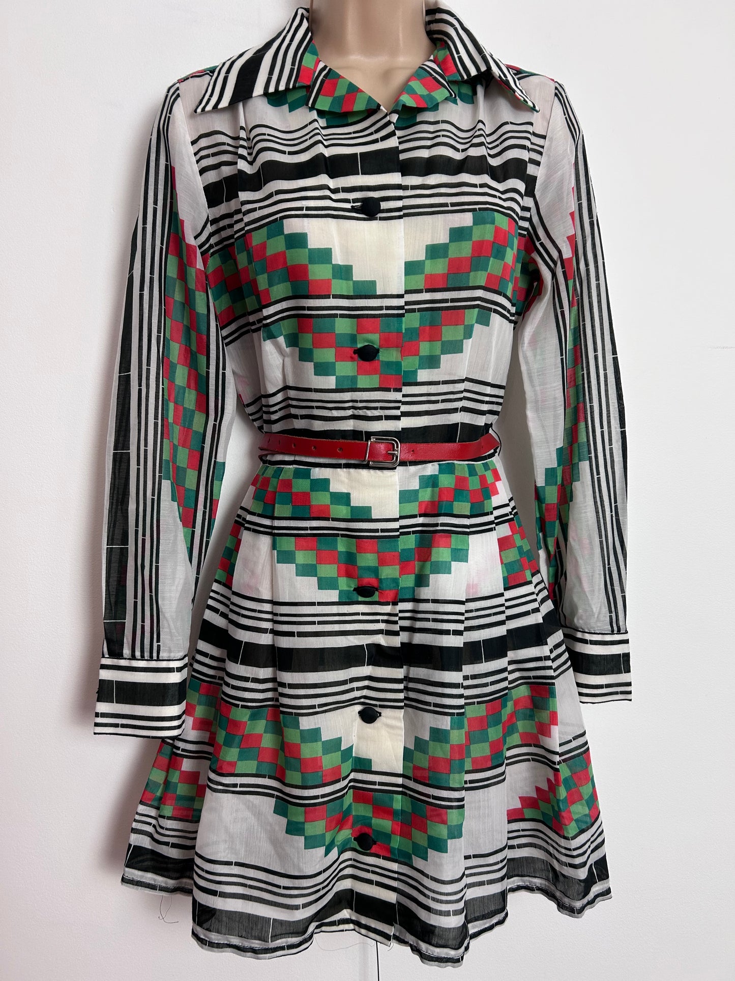 Vintage 1970s CAROLETTE MADE IN DENMARK UK Size 10 Cute Black White Red & Green Check & Stripe Print Belted Mini Mod Dress