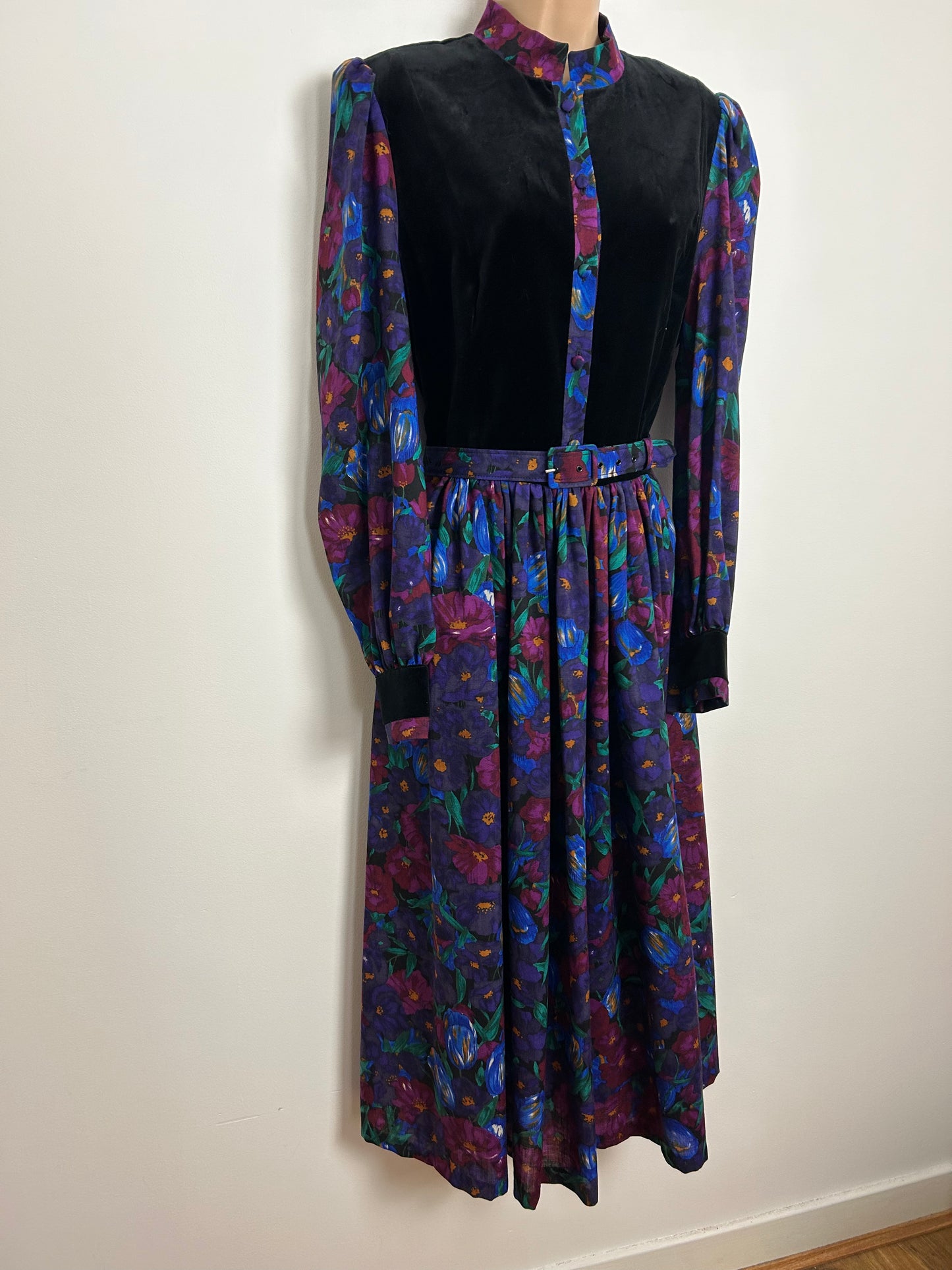 Vintage Early 1980s ORIGIN UK Size 10-12 Black Purples Pinks Floral Print Velvet Bodice Belted Midi Dress