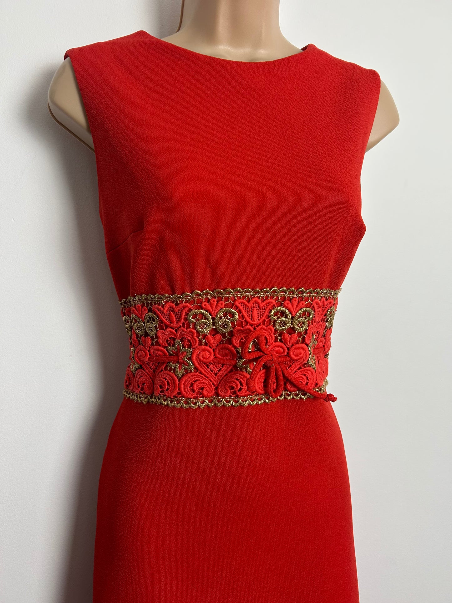 Vintage 1960s EMILIANA Size 10 Red & Gold Crimplene Lace Waist Panel Occasion Evening Maxi Dress