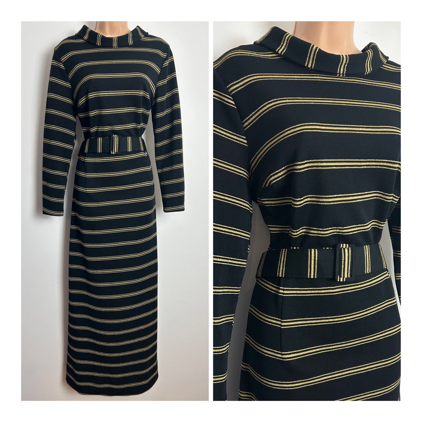 Vintage 1970s Size 14 Black & Metallic Gold Stripe Print Belted Evening Maxi Dress