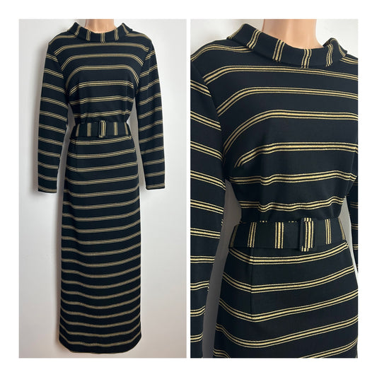 Vintage 1970s Size 14 Black & Metallic Gold Stripe Print Belted Evening Maxi Dress