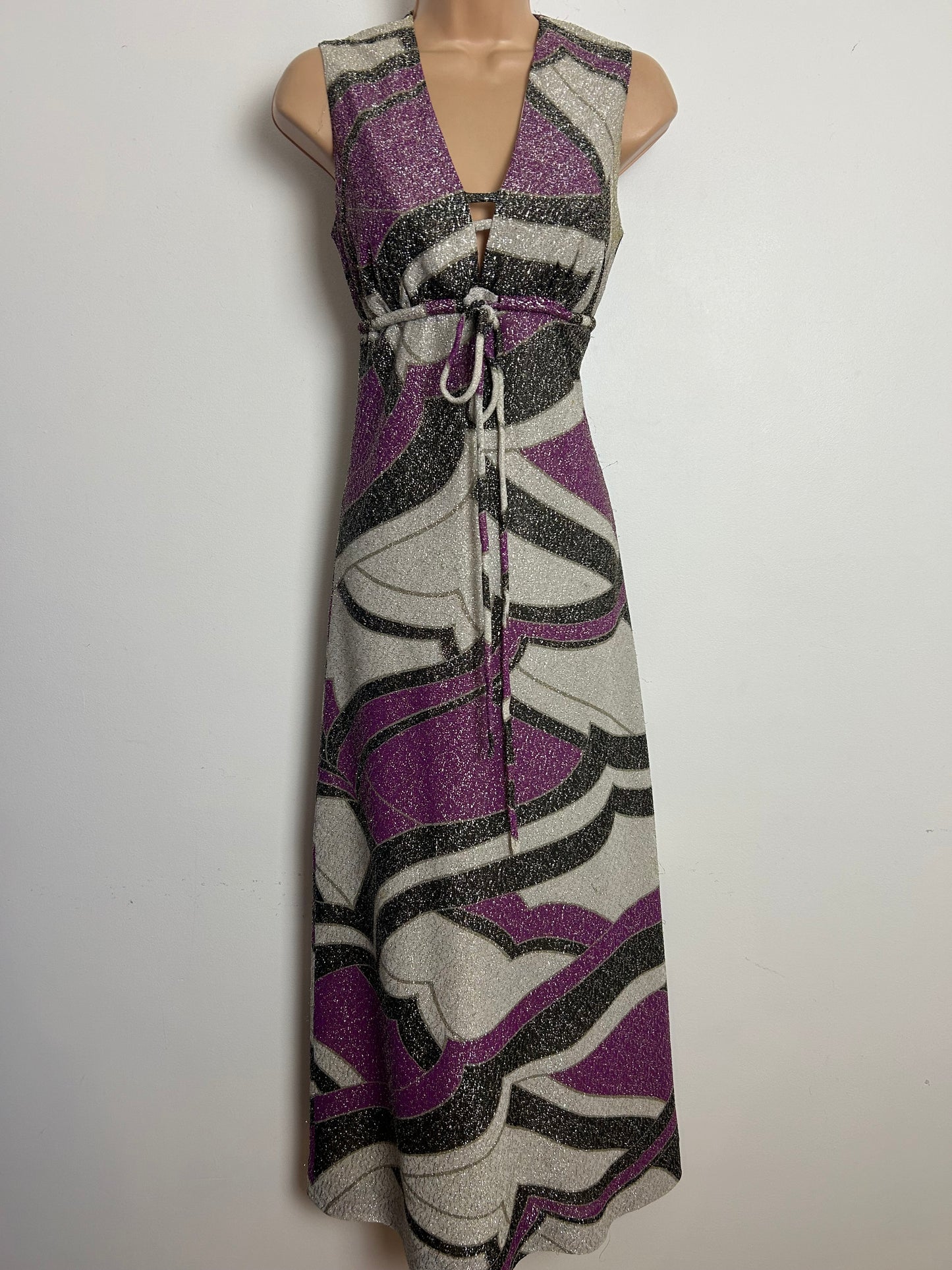 Vintage 1970s Size 6-8 Grey Silver & Purple Tones Abstract Print Lurex Occasion Evening Maxi Dress