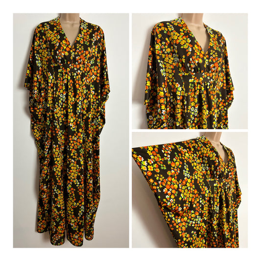 Vintage 1970s Up To Size 14 Brown Orange & Yellow Floral Print Wide Sleeve Kaftan Style Maxi Dress