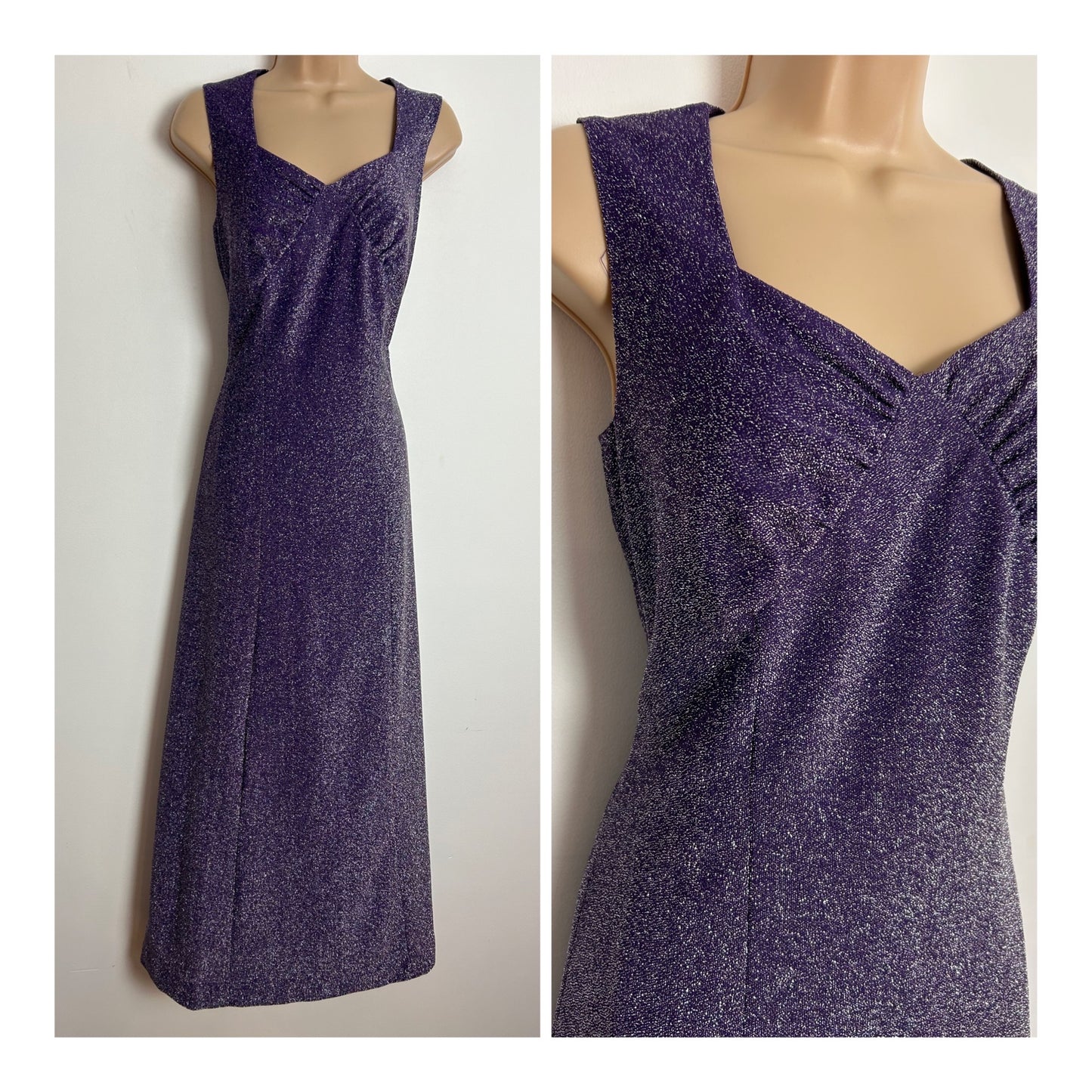 Vintage 1970s UK Size 10 Purple Glittery Sparkly Lurex Sleeveless Occasion Evening Party Maxi Dress