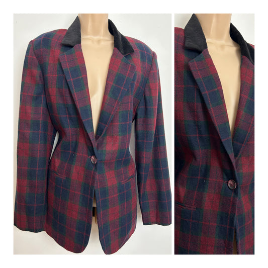 Vintage 1980s SAG HARBOR Size 12-14 Dark Red & Dark Green Check Plaid Wool Mix Velvet Collar Blazer