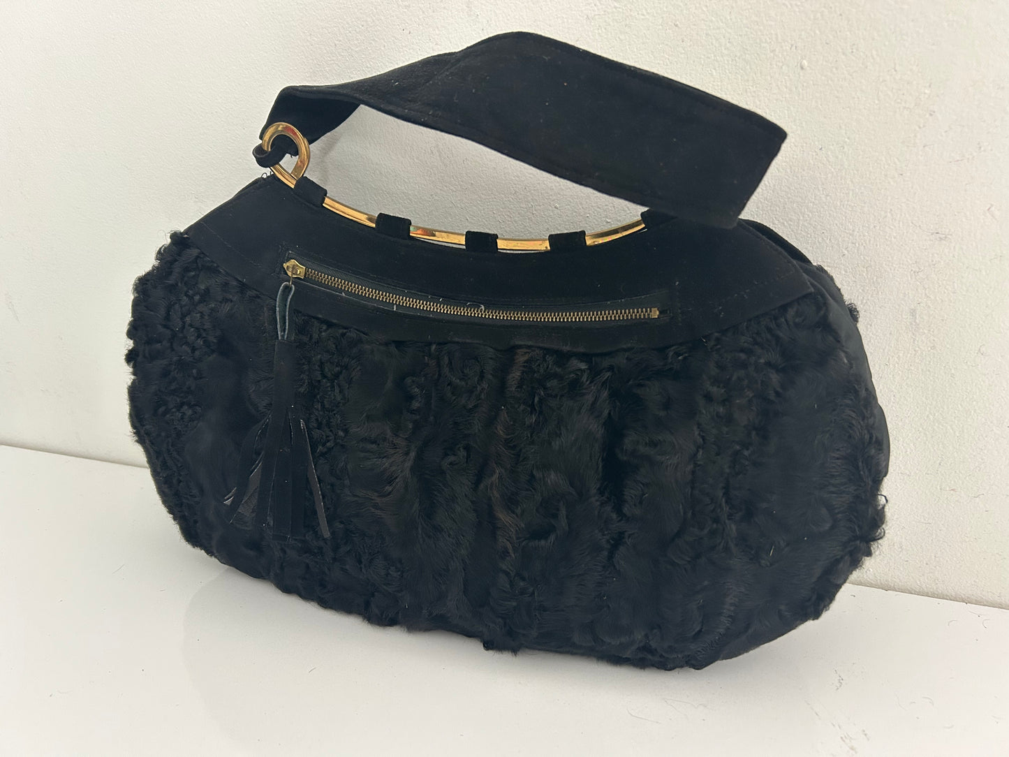 Vintage 1940s Black Persian Lamb & Suede Muff Handwarmer Handbag