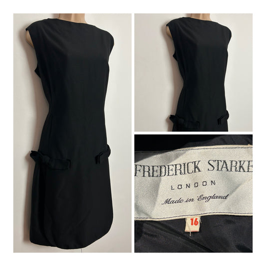 Vintage Early 1960s FREDERICK STARKE UK Size 12 Black Bow Detail Mod Shift Dress