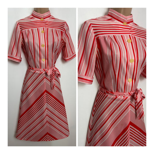Vintage 1970s Size 8 Red & White Stripe Print Short Sleeve Belted Fit & Flare Dress