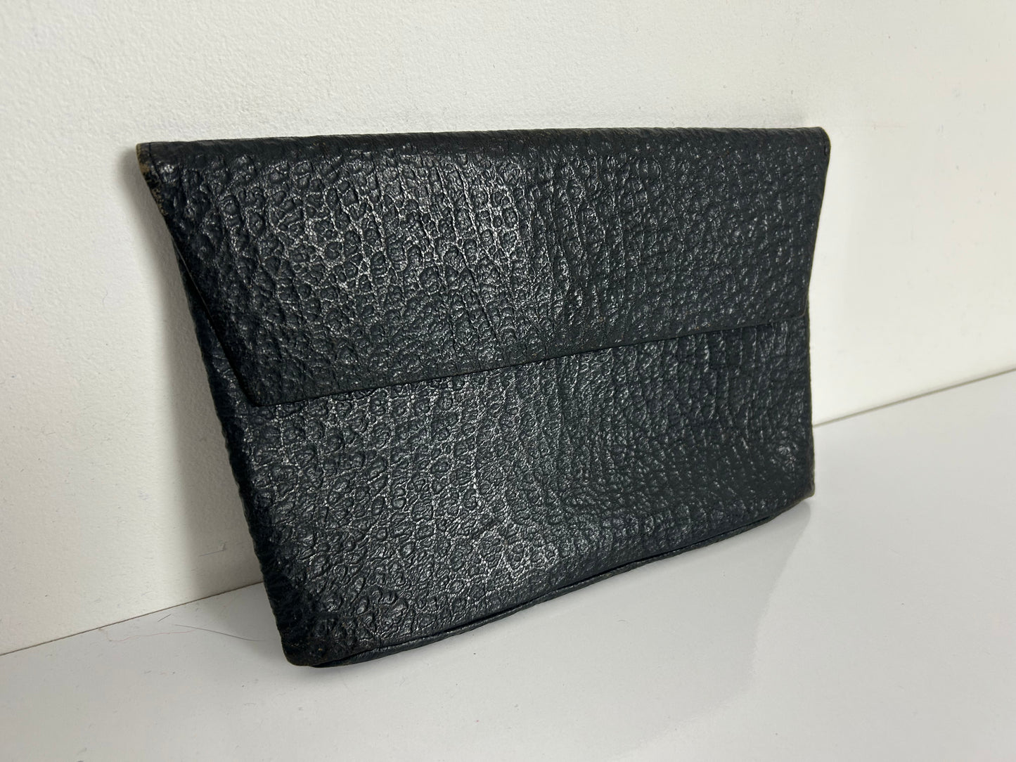 Vintage Late 1940s Black Textured Leather Flap Fastening Finger Strap Clutch Bag