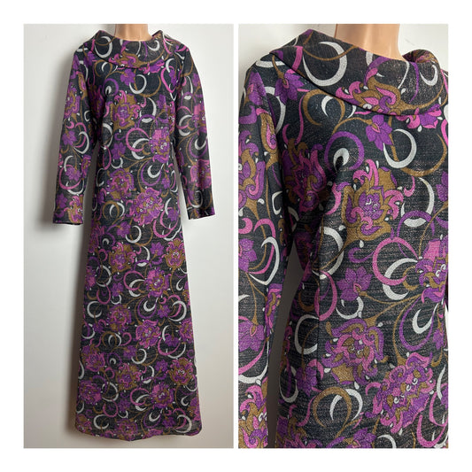 Vintage 1960s LADIES PRIDE Size 16 Black Pink Purple & Brown Floral Psychedelic Print Lurex Occasion Maxi Dress