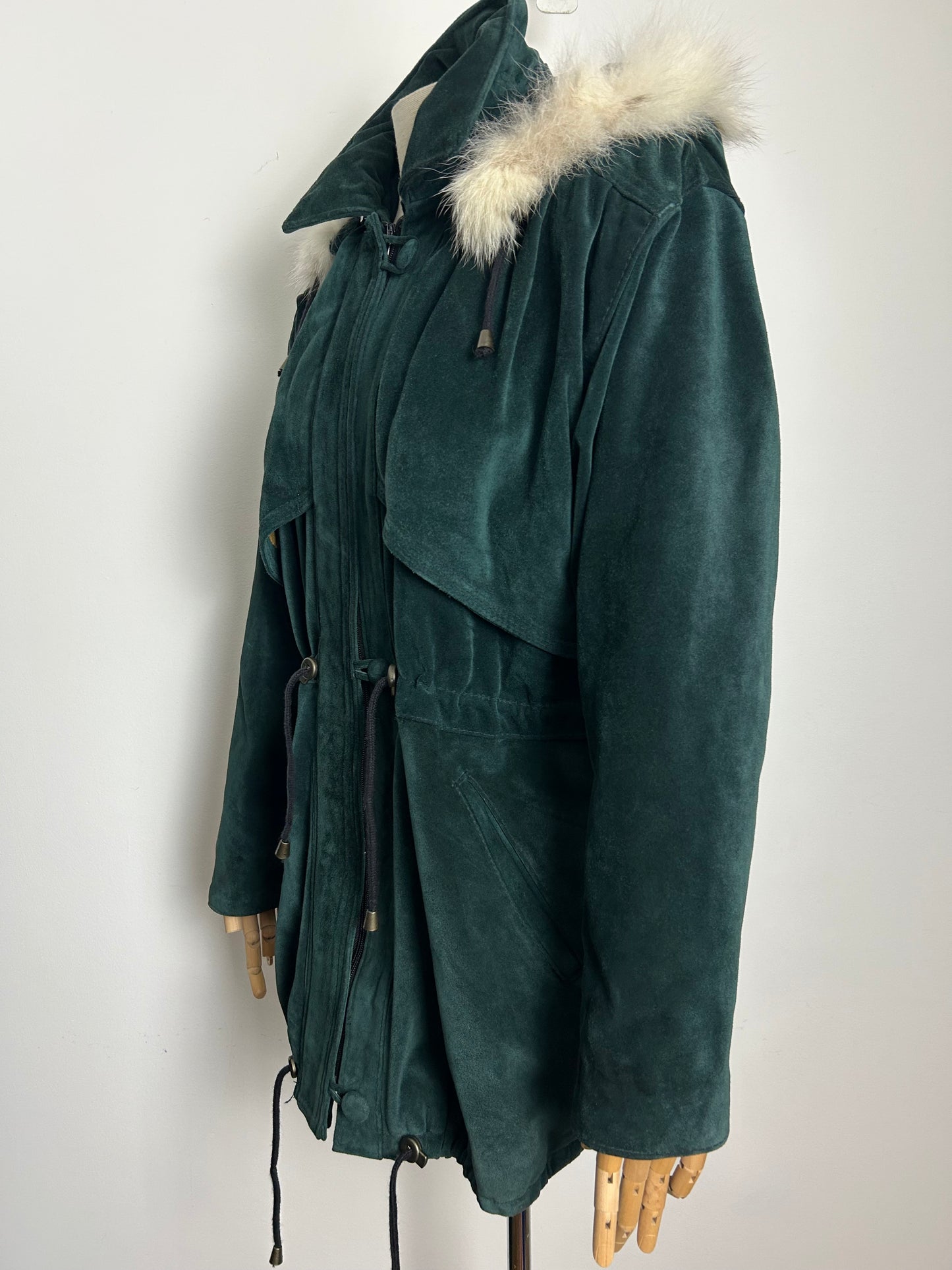 Vintage 1980s LEATHERSTIL ITALIAN Size 12-14 Dark Green Real Suede & Fur Trim Hooded Parka