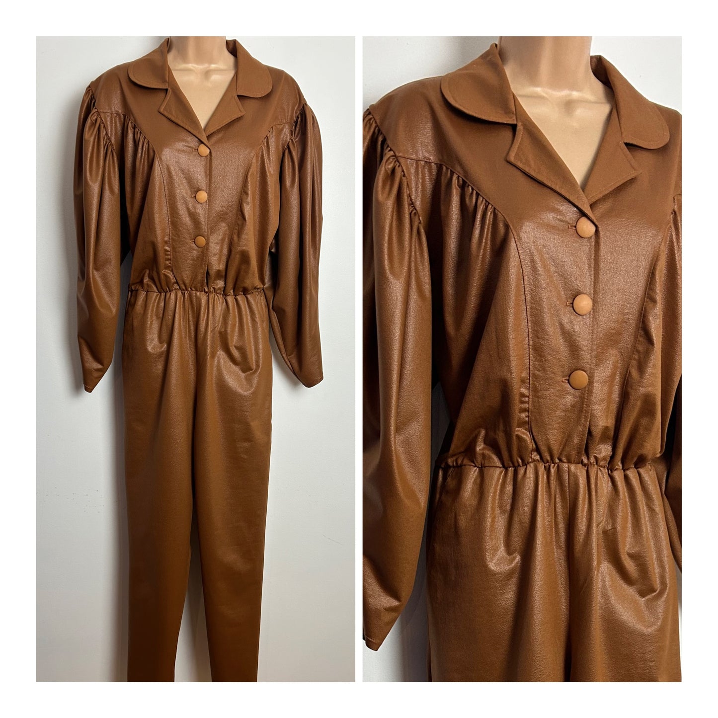 Vintage 1980s Size 12-14 Tan Brown Wet Look Mutton Sleeve Tapered Leg Jumpsuit