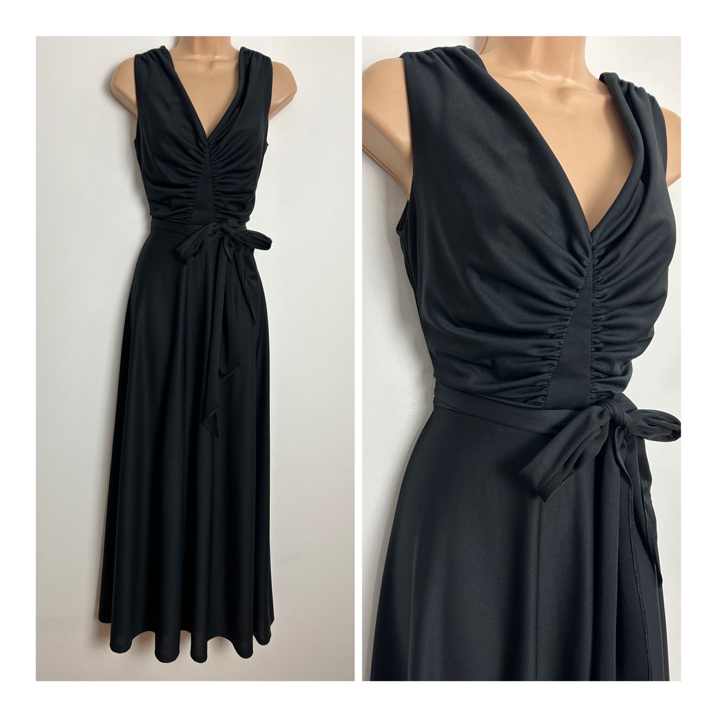 Vintage 1970s UK Size 8 Black Sleeveless Ruched Bodice Belted Evening Occasion Maxi Dress