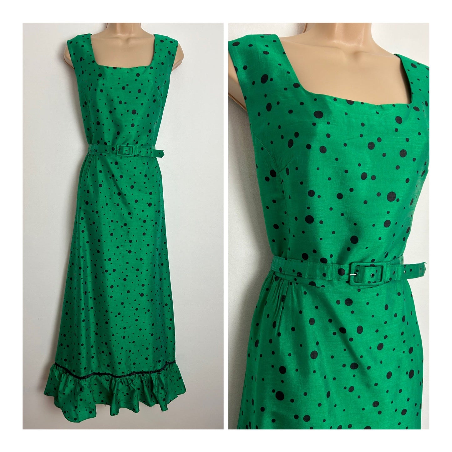 Vintage Late 1960s/Early 1970s  CARNEGIE OF LONDON Approx UK Size 10 Green & Black Polka Dot Print Sleeveless Belted Maxi Dress