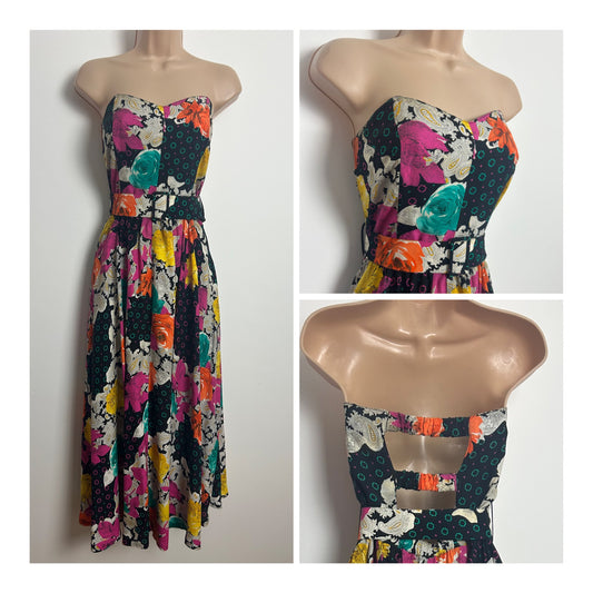 Vintage 1980s Size 10 Strapless Black Pink Yellow & Turquoise Floral & Paisley Print Belted Summer Midi Dress