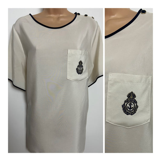 Vintage Early 1990s ST MICHAEL  Size 14-16 Cream Anchor Motif Pocket Detail Short Sleeve Blouse Top