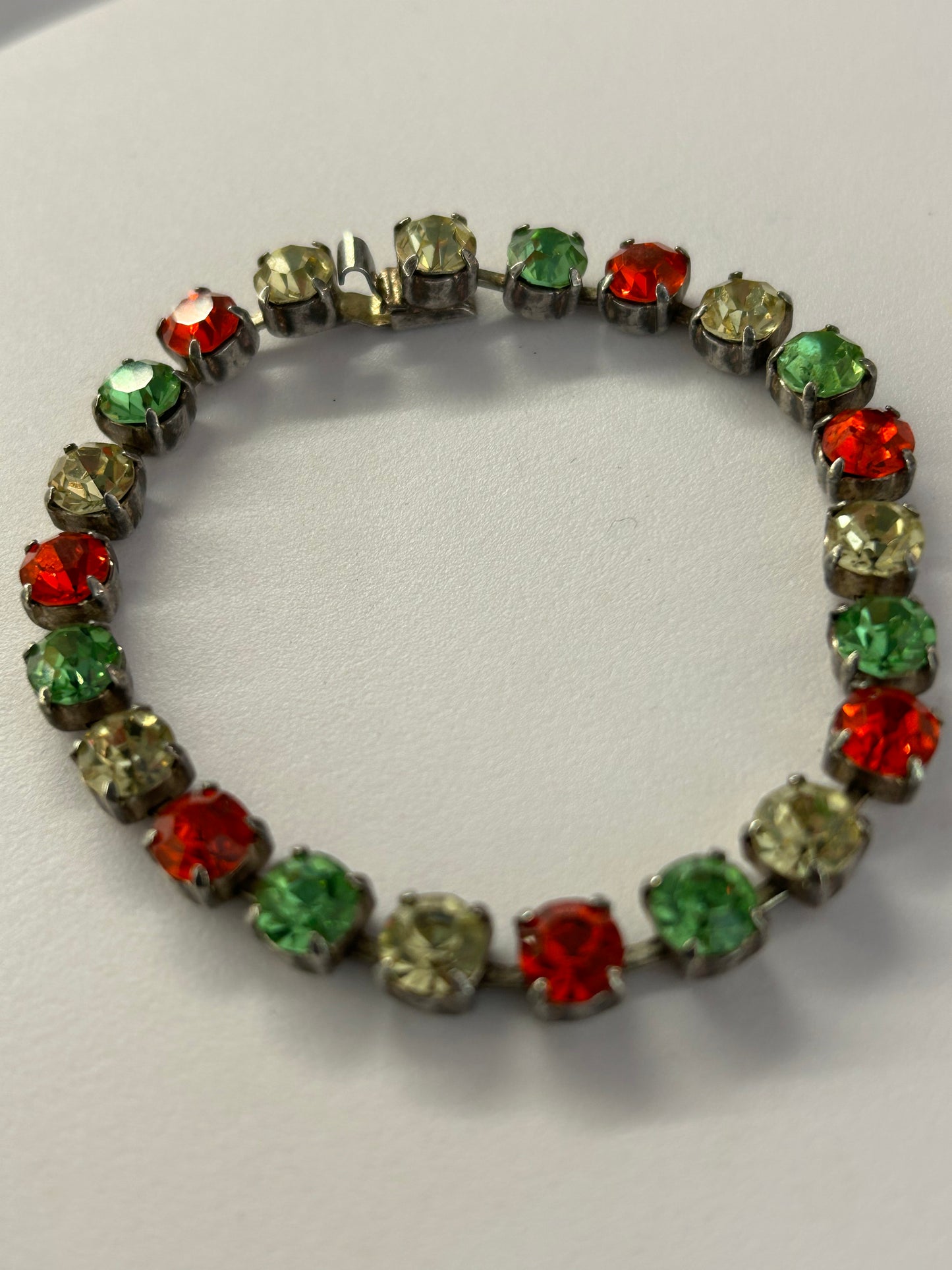 Vintage 1970s Silver Tone Bracelet Set With Green Red & Citrine Glass Stones.