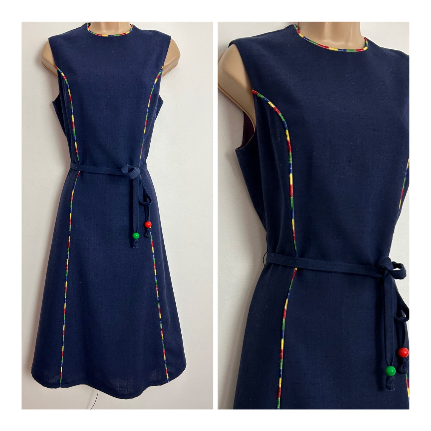 Vintage 1970s MARISA By KITTY COPELAND UK Size 10 Navy Blue Rainbow Thread Braid Trim Belted Sleeveless Dress