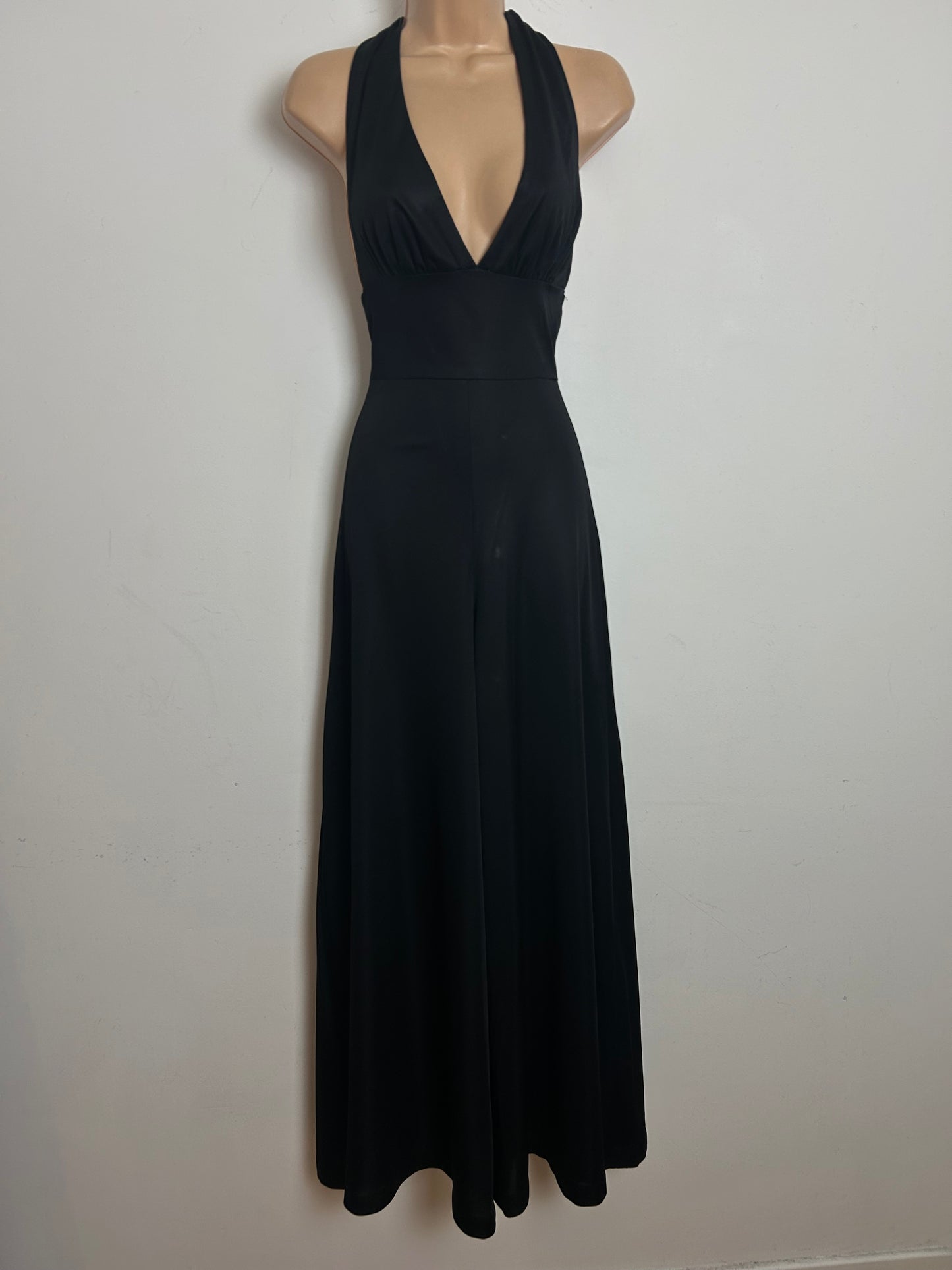 Vintage 1970s Size 4-6 Black Halter Neck Open Back Wide Leg Occasion Evening Jumpsuit
