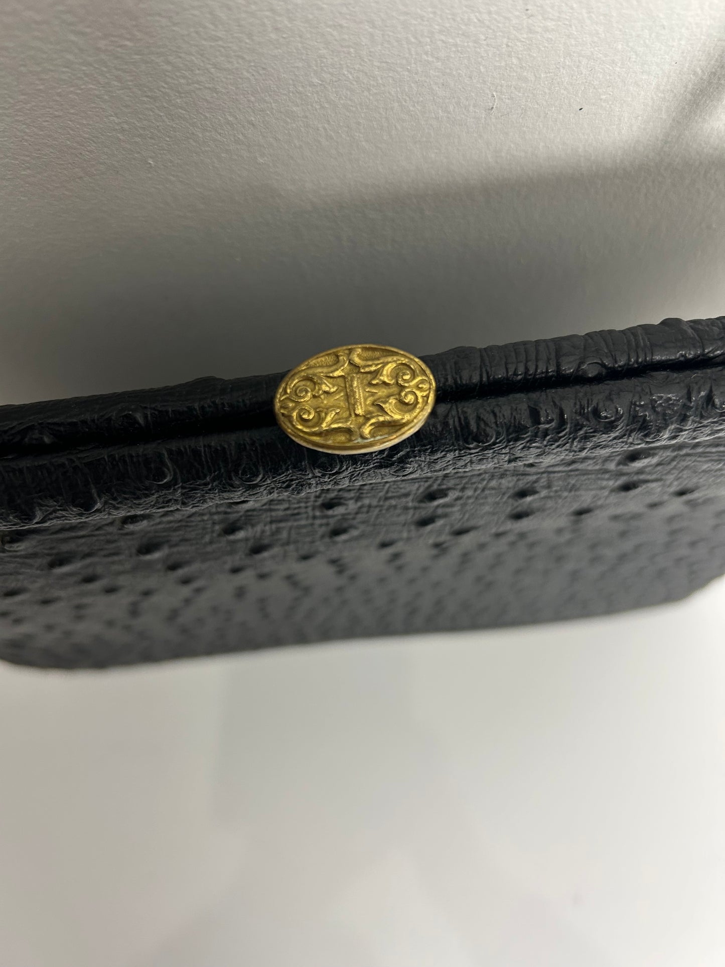 Vintage 1950s Black Ostrich Leather Kelly Style Handbag