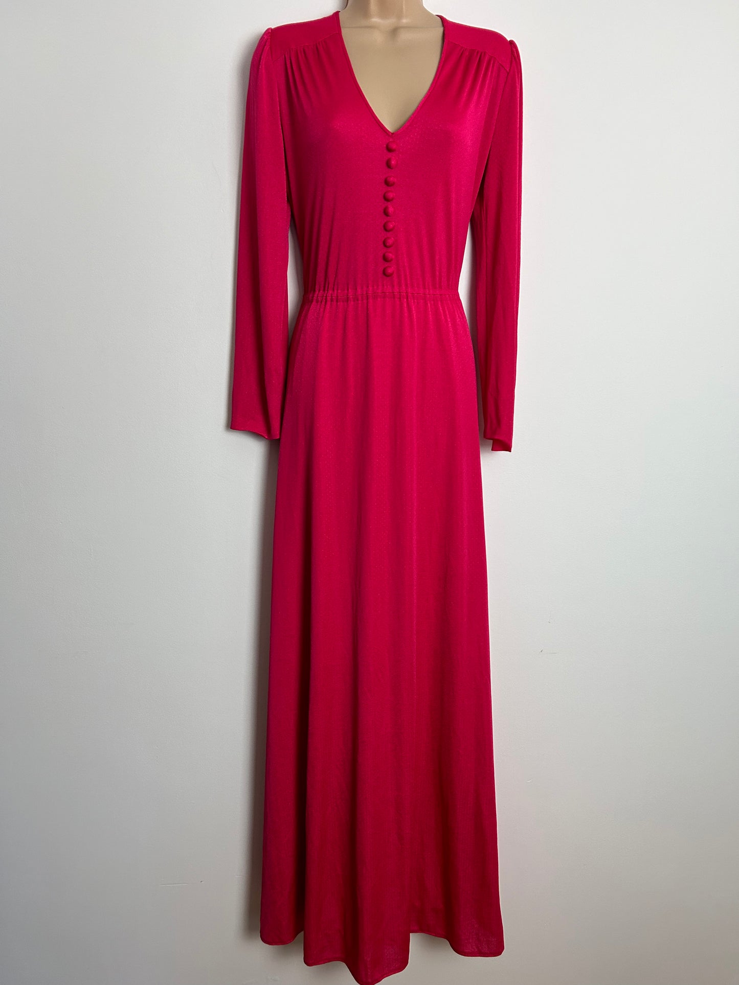 Vintage 1970s UK Size 14-16 Hot Pink Long Sleeve Maxi Dress