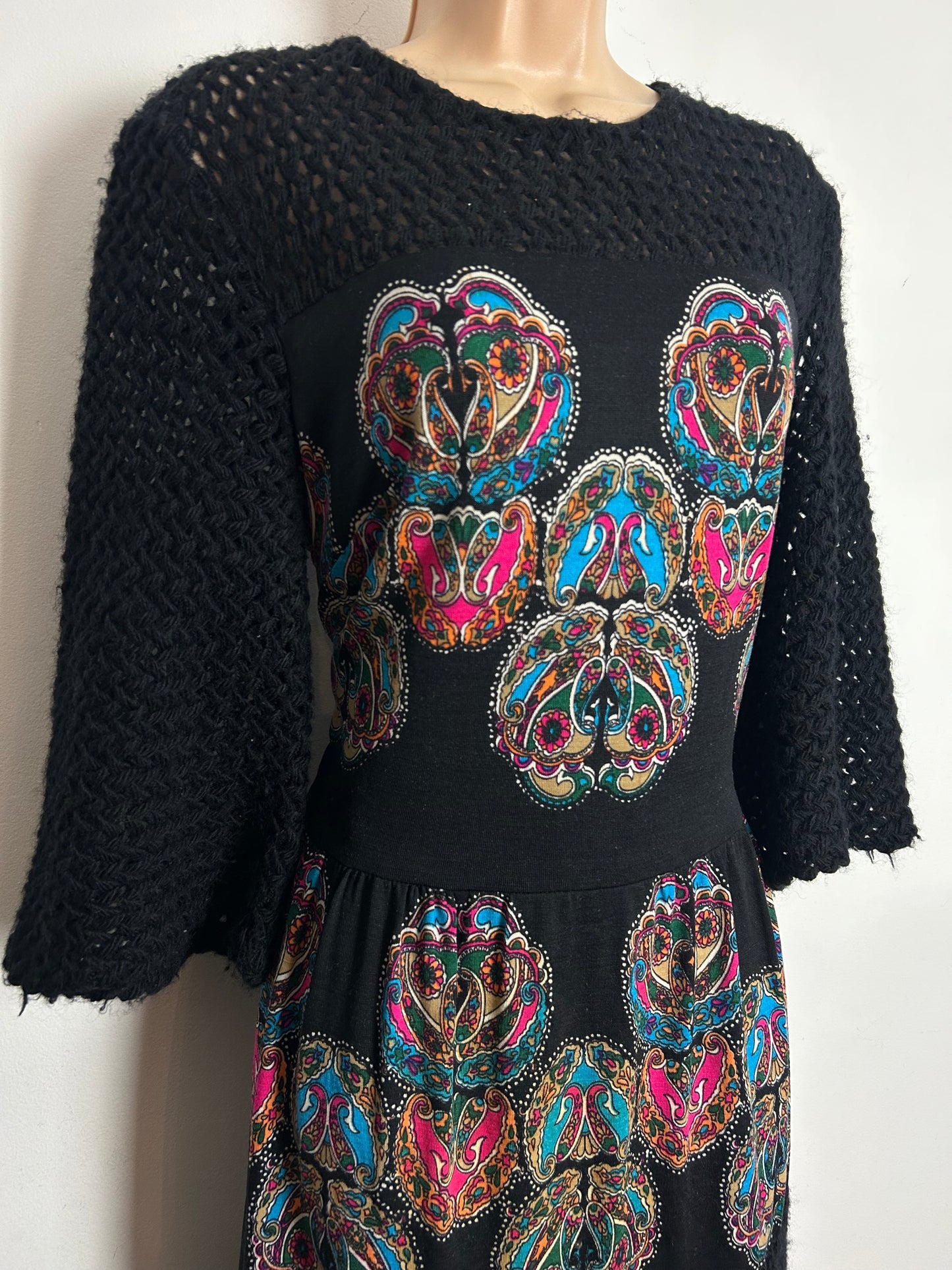 Vintage Early 1970s IRWA Size 12 Black Blue & Pink Nouveau Print Knitted Neck & Sleeves Pure Wool Maxi Dress