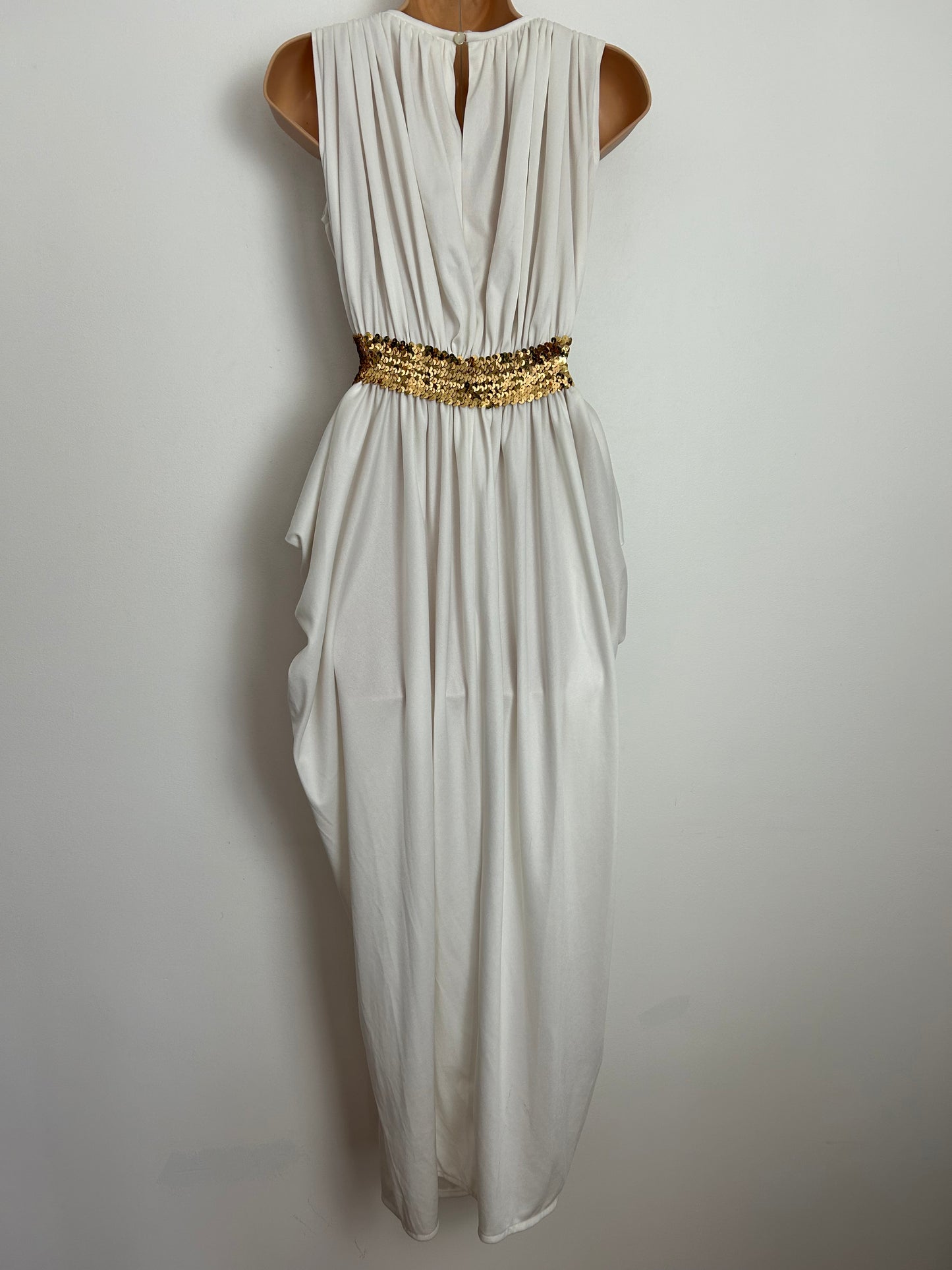 Vintage Late 1970 TRINA LEWIS & MARJON COUTURE UK Size 8-10 White Sleeveless Gold Sequin Detail Draped Grecian Style Occasion Maxi Dress