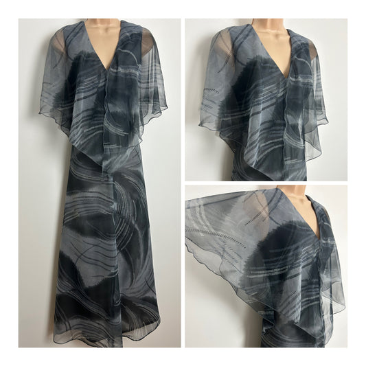 Vintage 1970s Size 10-12 Grey Tones Chiffon Polyester Cape Sleeve Boho Maxi Dress