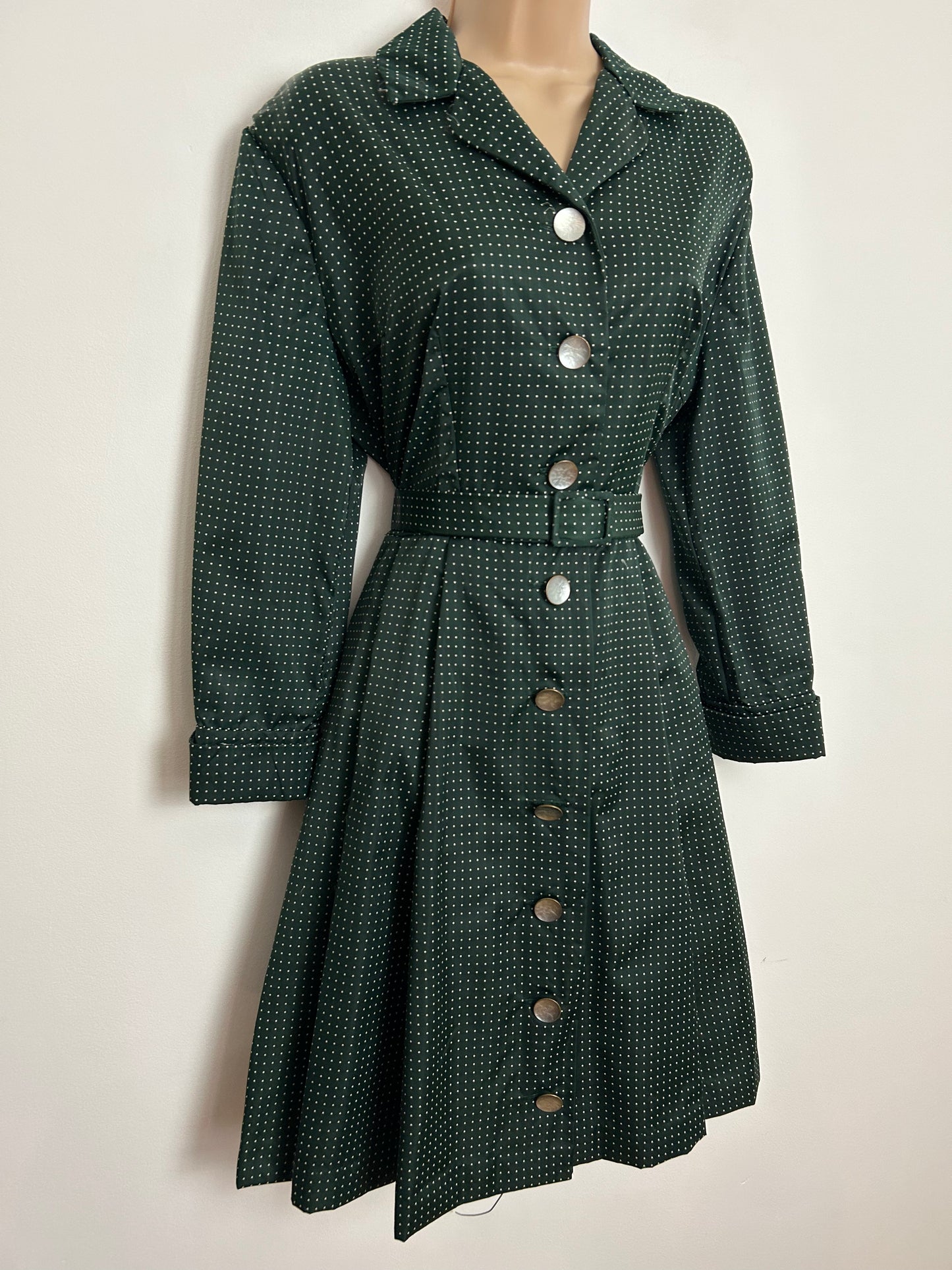 Vintage Late 1950s UK Size 14 Dark Green Polka Dot Pleated Belted Pleated Day Dress