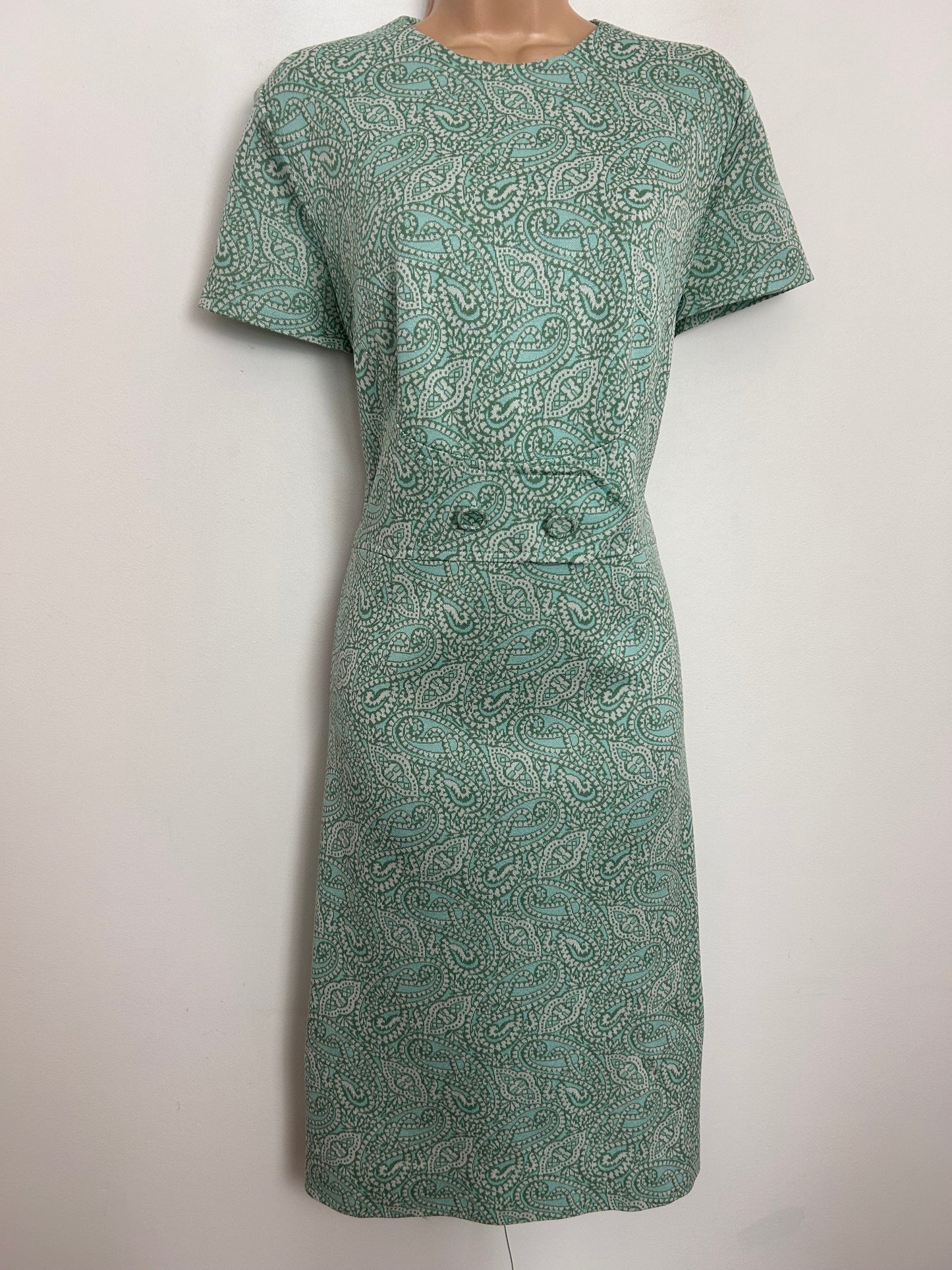 Vintage 1960s UK Size 16 Green Tones Paisley Print Crimplene Mod Shift Dress