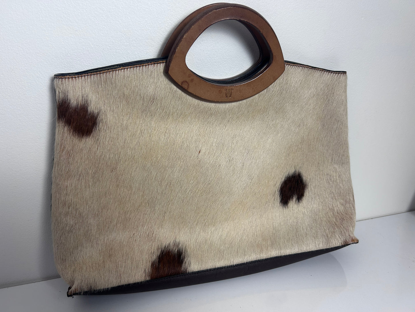 Vintage 1970s large Cow Hide With Hair Wooden Handle Handbag