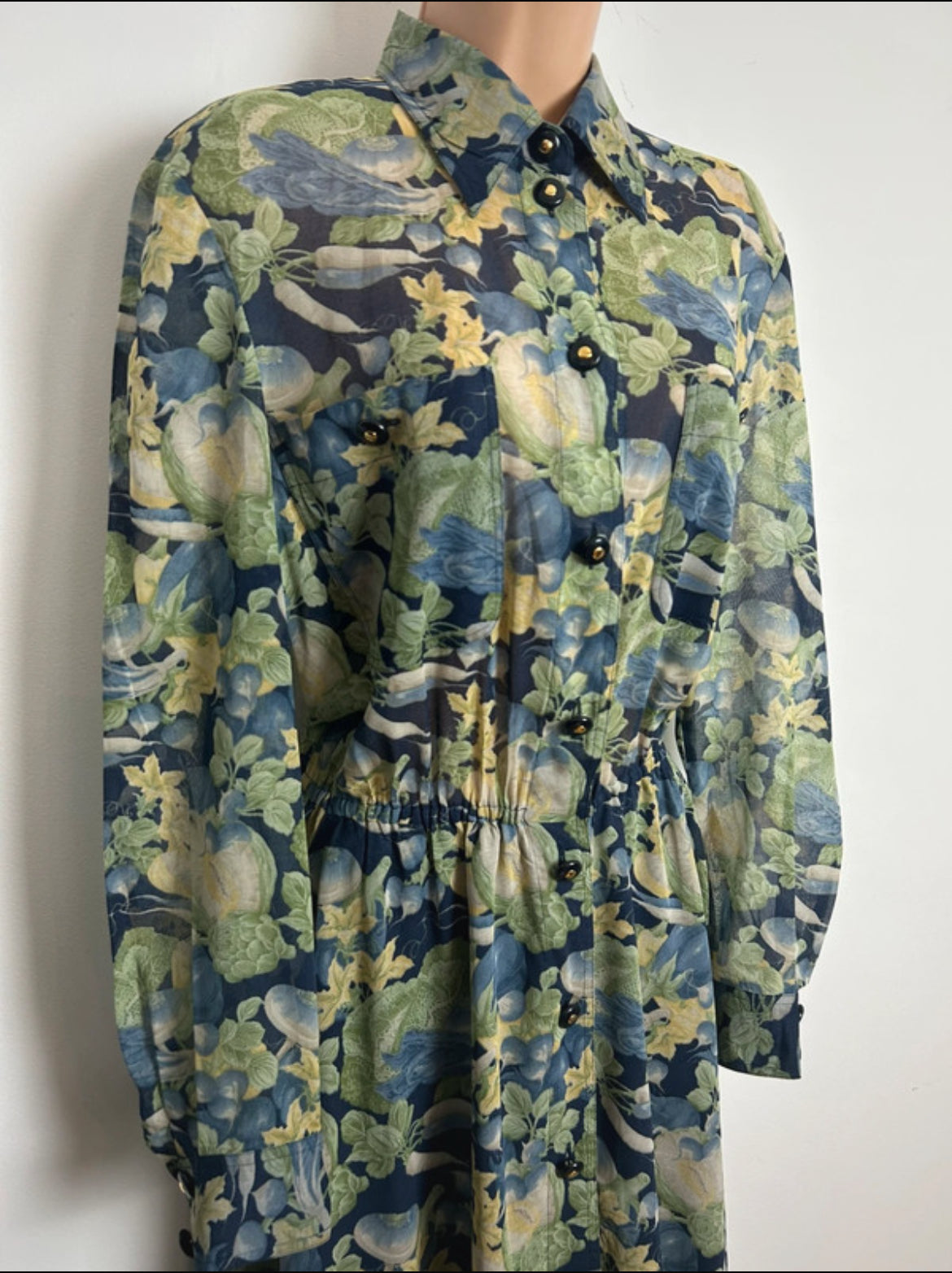 Vintage 1980s HEROS PARIS Size 14 Green & Blue Tones Vegetable Novelty Print Pure Cotton Day Dress