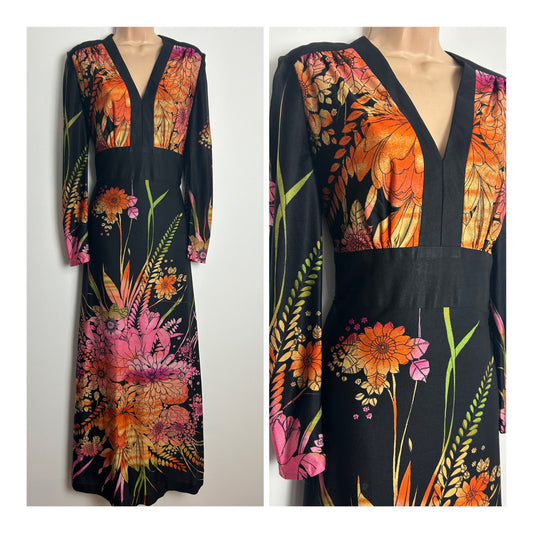 Vintage 1970s S MODELL Size 14 Black Orange & Pink Floral Print Long Sleeve Maxi Dress