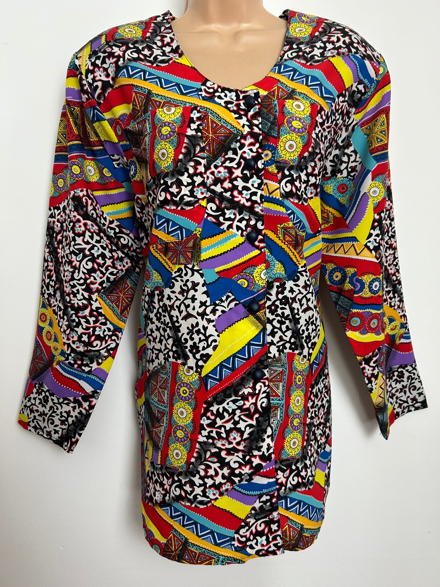 Vintage 1980s Size 12-14 Black Red Yellow Blue & Purple Abstract Print Long Sleeve Pocket Detail Shirt