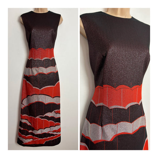 Vintage 1970s LADIES PRIDE UK Size 10 Brown Orange & Silver Scallop Pattern Occasion Maxi Dress