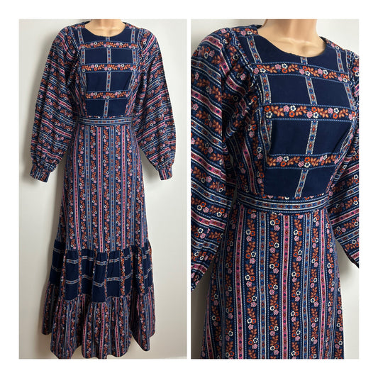 Vintage 1970s VERA MONT PARIS Size 6-8 Navy Blue Orange & Pink Floral & Stripe Print Long Sleeve Tie Back Cotton Maxi Dress