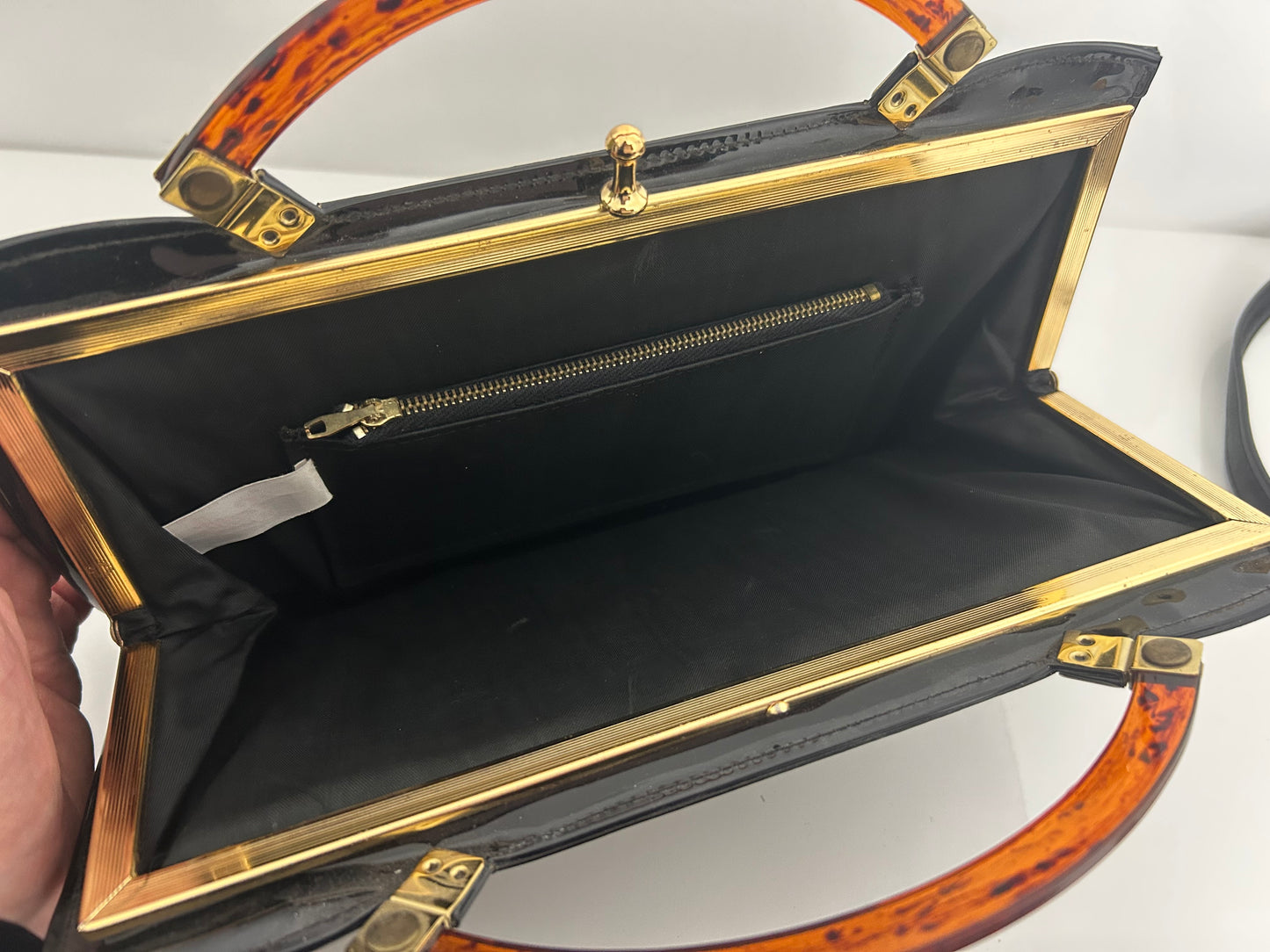 Vintage 1960s ESSELL Fabulous Black Patent Tortoiseshell Handles Oblong Handbag