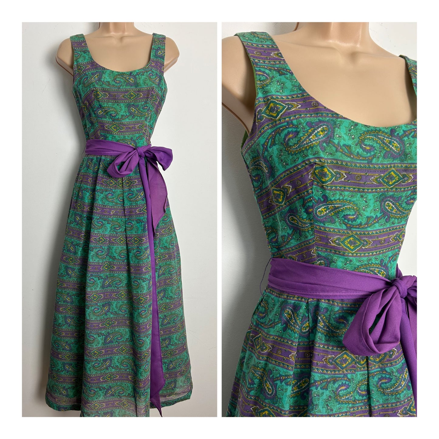 Vintage 1970s Size 6 Green & Purple Paisley Print Cotton Mix Belted Pleated Maxi Dress