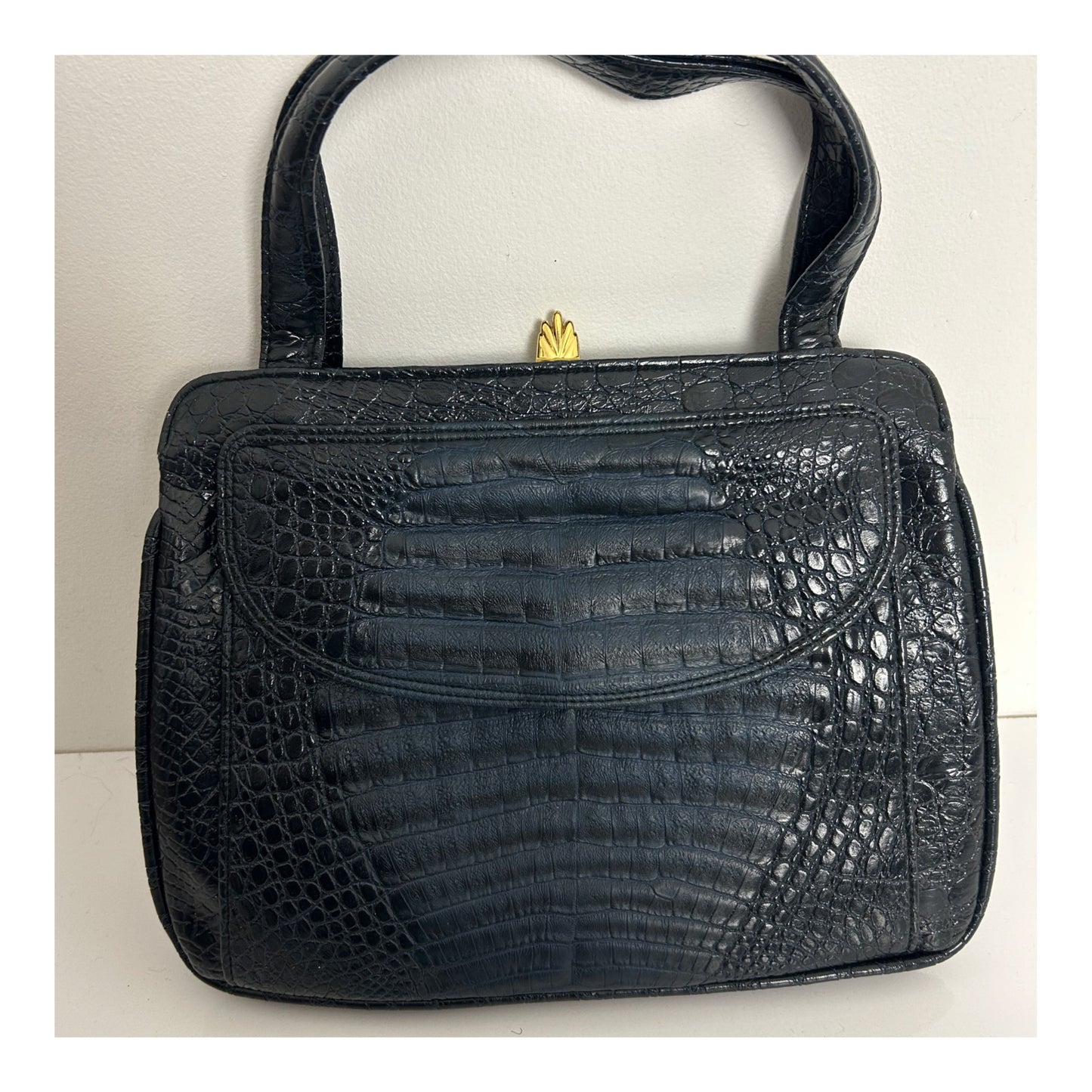 Vintage 1960s Black & Very Dark Blue Mock Croc/Alligator Vinyl Kelly Style Handbag