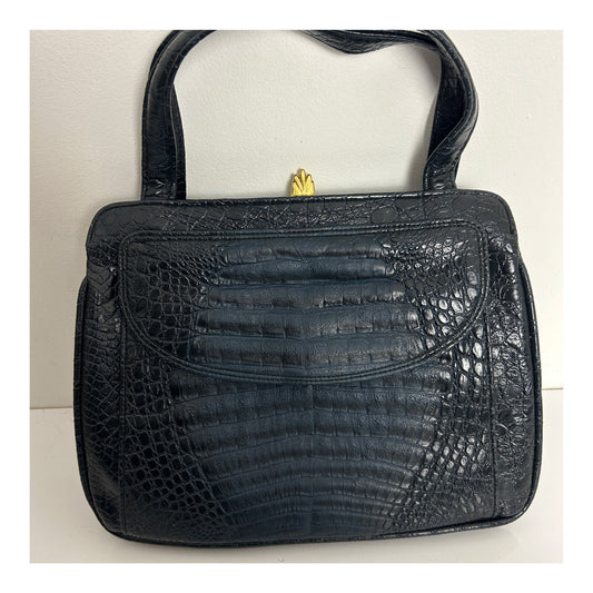 Vintage 1960s Black & Very Dark Blue Mock Croc/Alligator Vinyl Kelly Style Handbag