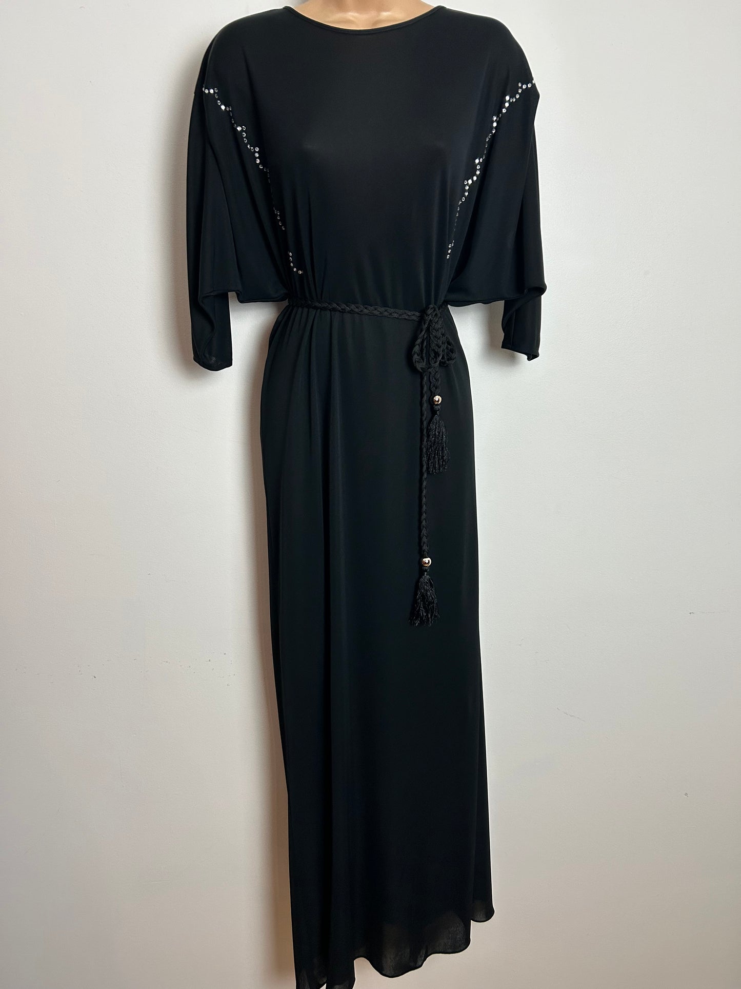 Vintage 1980s Size 12 Black Rhinestone Detail Tie Back Bat Wing Belted Evening Maxi Dress