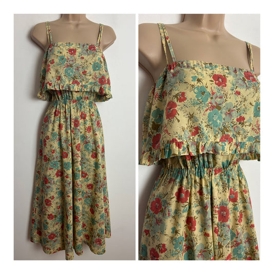 Vintage 1970s Size 8-10 Beige Blue & Dark Reddish Pink Floral Print Strappy Cotton Sundress