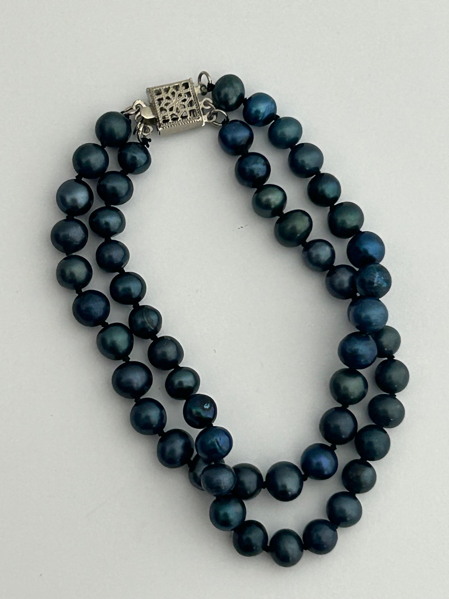 Vintage Blue Dyed Real Pearl Double Strand Bracelet With 14k Gold Filled Silver Tone Box Clasp