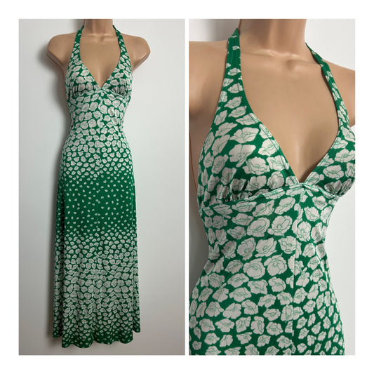 Vintage 1970s RASUREL Size 6-8 Green & White Floral Print Halter Neck Summer Beach Maxi Dress