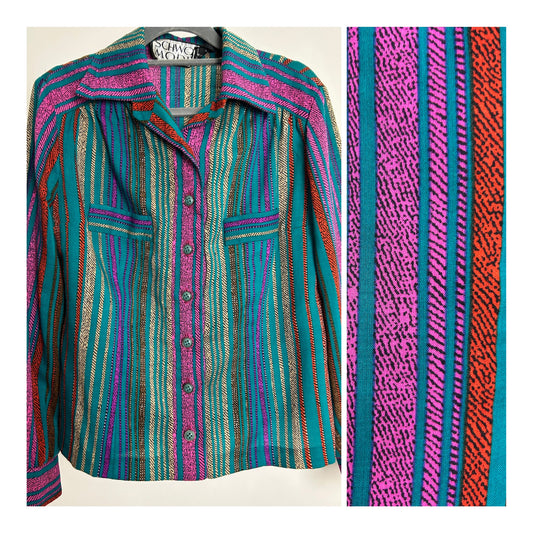 Vintage 1970s SCHWORM MODELL Size 12-14 Teal Purple & Beige Stripe Print Long Sleeve Cotton Shirt